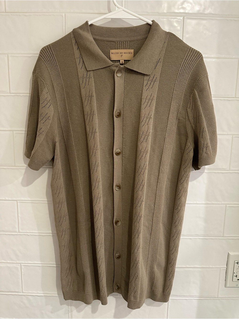 Weston Jon Boucher Knit Polo Button Shirt Mens Medium Light Brown Short Sleeve